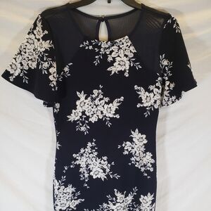 Maurices Navy And White Floral Dress With Bell Sleeves And Sheer Upper S…